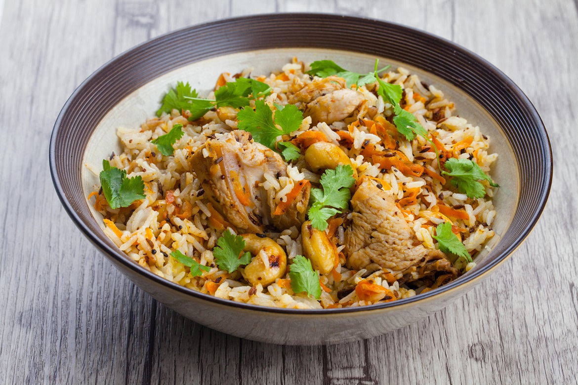 Chicken, carrot and nut pilaf